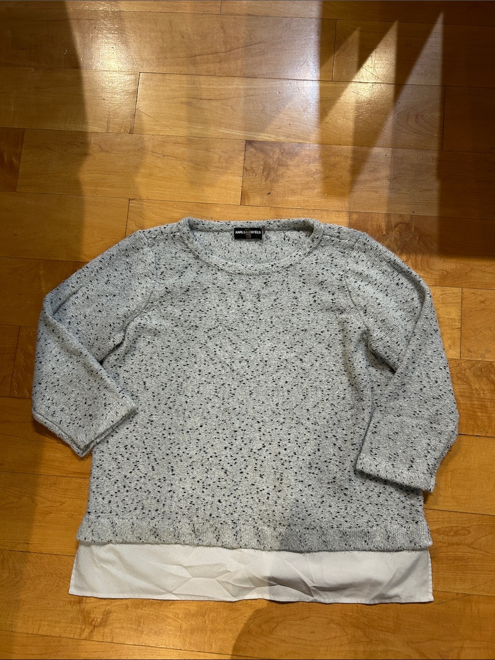 Karl Lagerfeld Light Gray Speckled Layered-Hem Crewneck Sweater